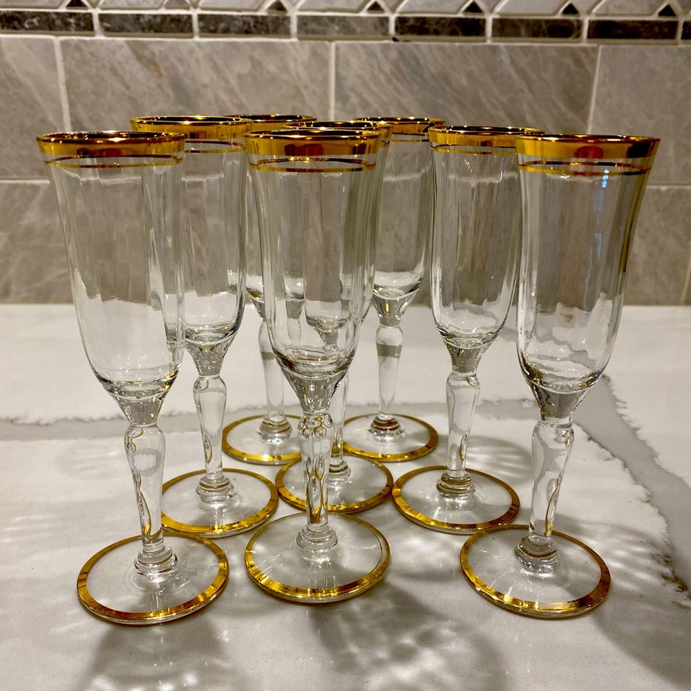 Italian PANELLED CRYSTAL APERTIF CORDIAL GLASSES GOLD TRIM TIFFIN set 8